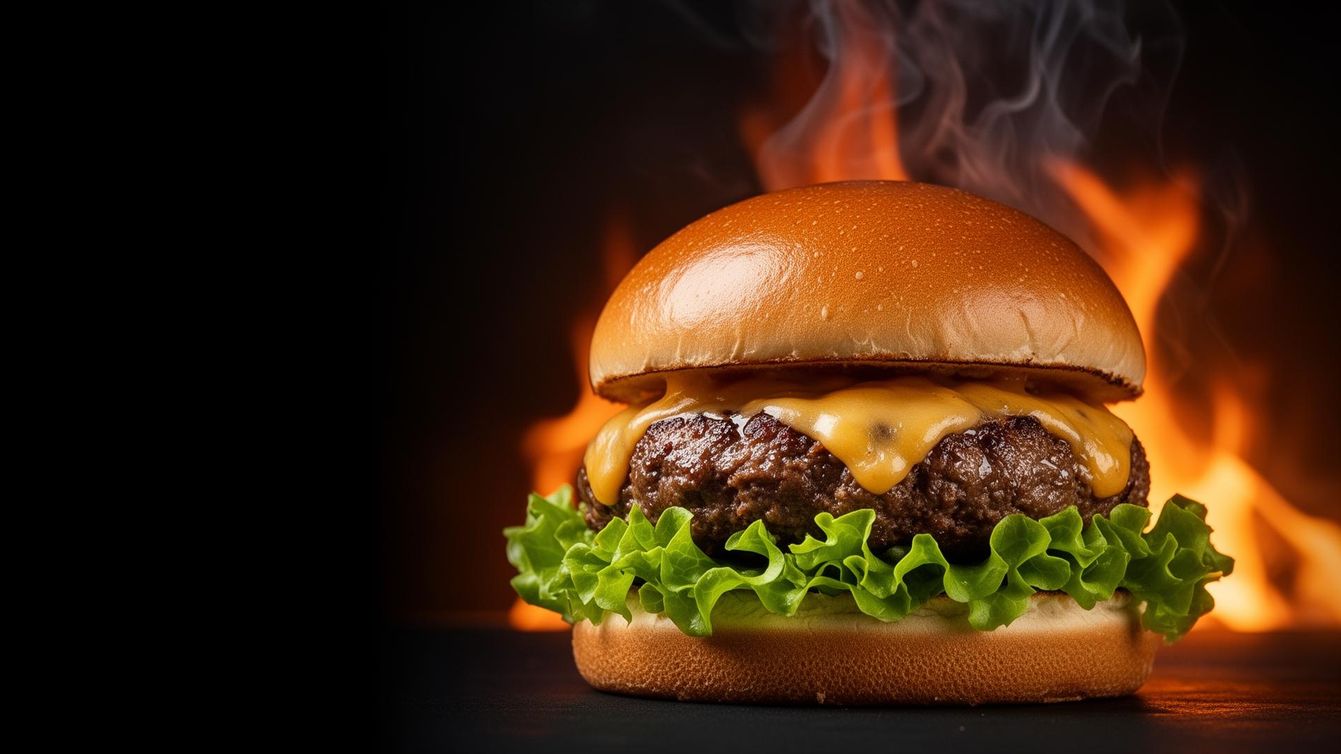 Premium Titan smash burger with melted cheese on a flame-lit dark background